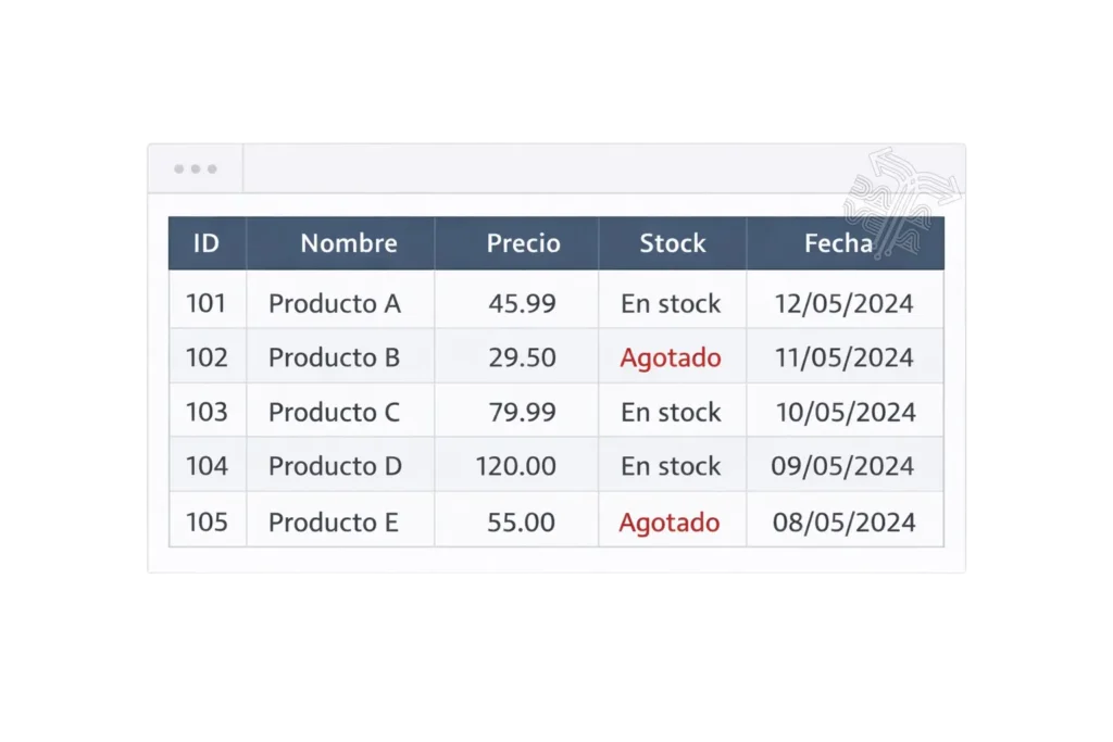 Datos-en-CSV Tabla de muestra de datos exportados en CSV con columnas de ID, Nombre, Precio y Estado de Stock (Agotado/En stock).