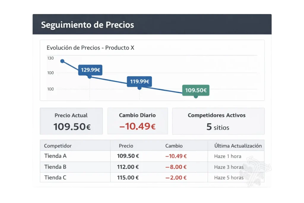 seguimiento-precios Interfaz de dashboard de seguimiento de precios con gráfico de evolución y tabla comparativa de competidores en tiempo real.